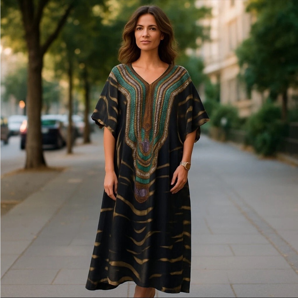 Women’s V-Neck Black Caftan Cover-Up with Green Embroidery